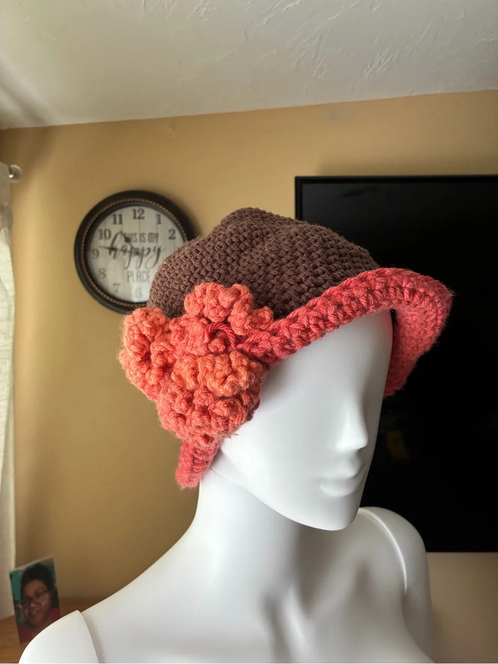Crocheted Brown and Coral Cloche Hat with Floral Accent